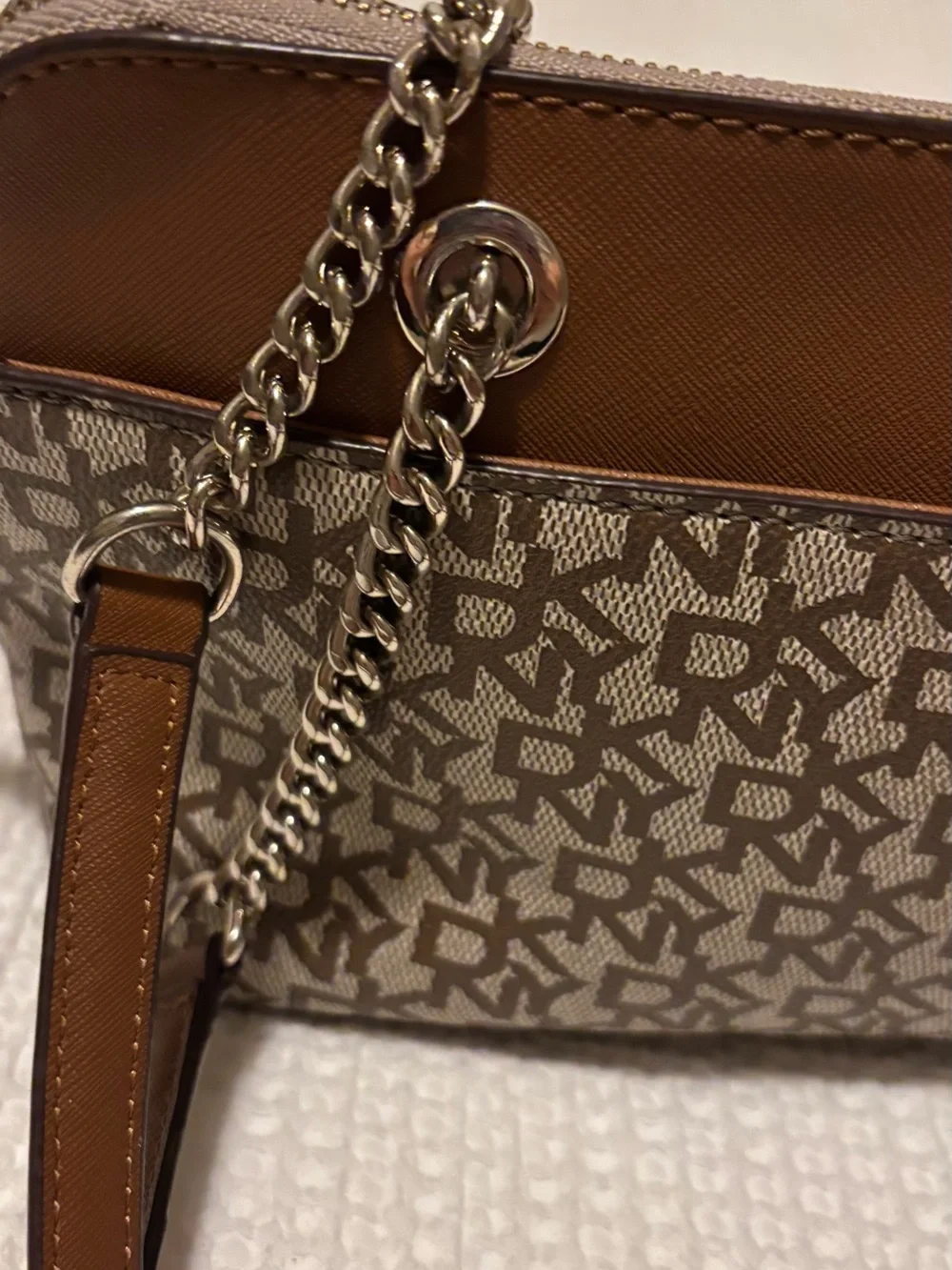 DKNY Brown Tan Monogram Chain-Handle Shoulder Bag